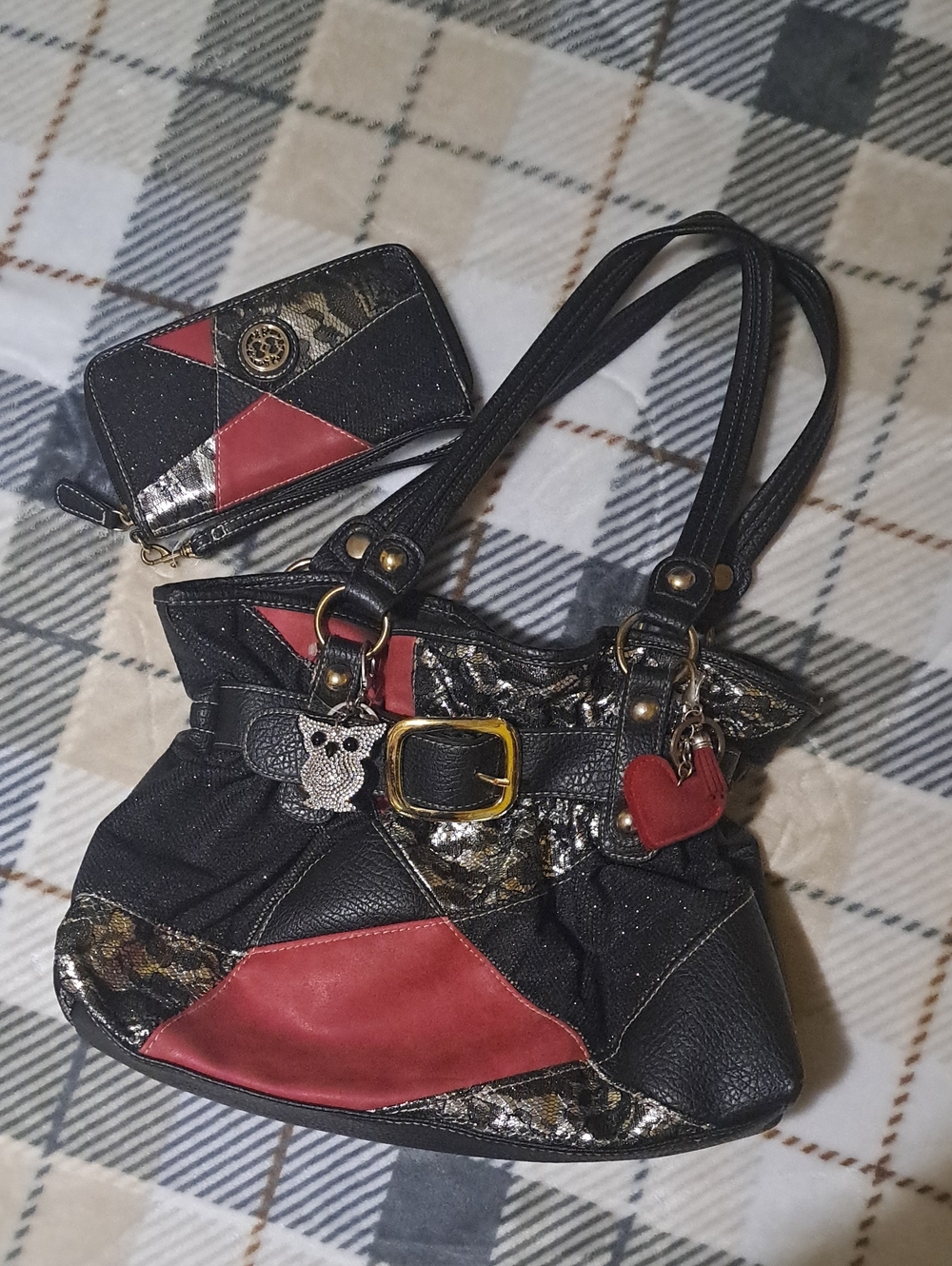 NWOT Black and Red Patchwork Shoulder Bag with Matching Wallet